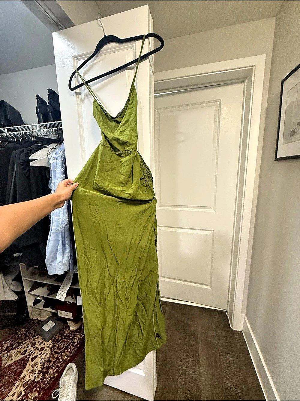 Green Backless Lace up Ruched Maxi Dress